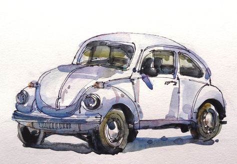 Beetle Volkswagen, Vw Art, Volkswagen Bug, Urban Sketchers, Car Sketch, Painting Studio, Pen And Watercolor, Car Drawings, Watercolor Sketch