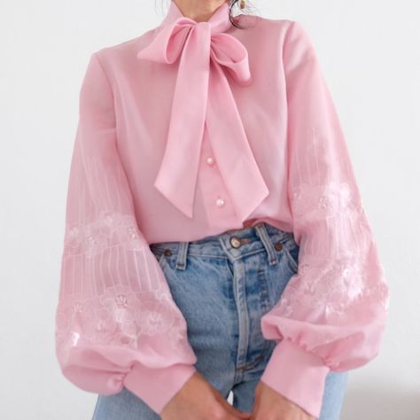 70s vintage rose pink tie neck blouse with embroidered bishop sleeves Tie Neck Blouse Outfit, Jelly Aesthetic, Silk Top Designs, Christmas Goth, Pink Shirts, Bow Shirts, Tie Neck Blouse, Inspo Outfit, Pink Tie