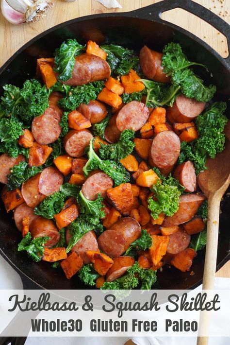 One pan meal alert! Whole30, Paleo and Gluten Free, this skillet dinner has all the delicious flavors of fall - Butternut squash, kielbasa, kale, garlic, and mustard seeds. It can be easily customized based on what you have in your pantry or fridge. Simply swap out sweet potatoes or another type of squash, and easily switch the kale for any other green you prefer. This is definitely a crowd pleaser and a family favorite! Butternut Squash And Kielbasa Recipes, Kielbasa And Kale Recipes, Kale And Kielbasa Recipe, Butternut Squash And Kale Recipes, Butternut Squash Dinner, Easy Kielbasa Recipes, Butternut Squash Kale, Kielbasa Recipes, Kale Recipes