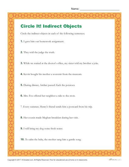 Circle It! Indirect Objects Direct Object And Indirect Object, Direct And Indirect Characterization, Indirect Object, Direct Object, Direct And Indirect Speech, Punctuation Worksheets, Subject And Predicate, Grammar Skills, Word Problem Worksheets