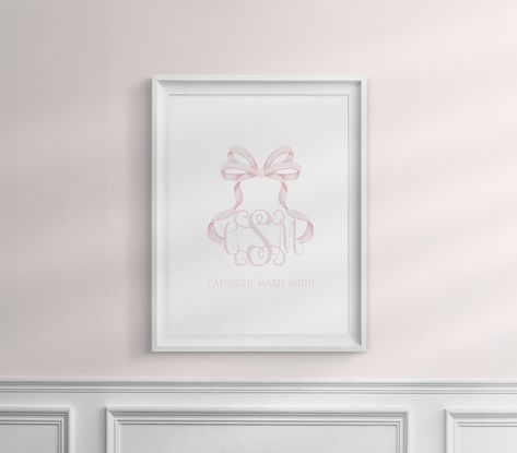 Pink Bow Art Monogram Crest Baby Girl Name Art Nursery Pink Bow Wall Art Nursery Decor Pink Grandmillennial Above Crib - Etsy Nursery Decor Pink, Bow Wall, Baby Girl Name, Nursery Pink, Monogram Wall Art, Bow Art, Pink Nursery Decor, Girl Name