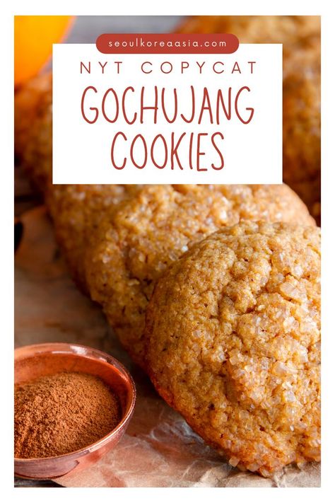 Gojuchang Caramel Cookies, Gochujang Caramel Cookies, Korean Cookies Recipes, Unique Candy Recipes, Gochujang Cookies, Savory Cookies Recipes, Korean Cookies, Carmel Recipe, Spicy Desserts