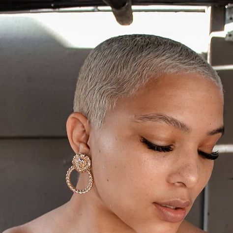 Blond Shaved Hair, Blonde Buzz Cut Black Women, 30th Hairstyle, Blonde Buzzcut Woman Black, Blond Buzzcut, Brush Cut For Black Women, Blonde Pixie Haircut Black Women, Short Bleached Hair, Shaved Hair Women