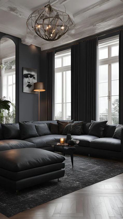 20 Dark & Moody Living Room Decorating Ideas | by DECOR DELGHT | Medium Black Modern Living Room, Dark Moody Living Room, Modern Living Room Black, Dark Living Room Ideas, Moody Living Room, Painted Bookshelves, Basement Fireplace, Modern Living Room Ideas, Vintage Sconces