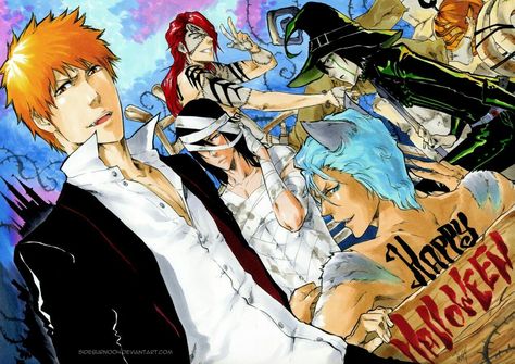 Ichigo Kurosaki (Vampire), Byakuya Kuchiki (Mummy), Ulquiorra Cifer (Witch), Renji Abarai  (Frankenstein), and Grimmjow Jaegerjaques (Werewolf) Bleach Bleach Halloween, Bleach Tattoo, Bleach Funny, Clorox Bleach, Ulquiorra Cifer, Byakuya Kuchiki, Anime Halloween, Bleach Characters, Bleach Art