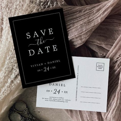 Minimalist | Dark Black Save the Date Invitation Postcard Save The Date Calligraphy, Black Save The Date, Save The Date Minimalist, Rustic Wedding Save The Dates, Date Invitation, White Typography, Party Stationery, Elegant Calligraphy, Simple Invitation