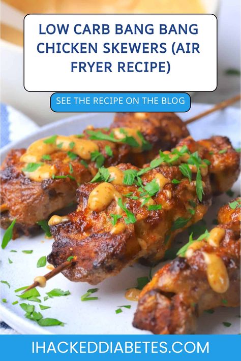 Low Carb Air Fryer Bang Bang Chicken Skewers are coated in a zesty, spicy sauce that's sure to please. Low-carb and diabetic-friendly recipe. Chicken Skewers Air Fryer, Oven Crispy Chicken, Skewers Air Fryer, Bang Bang Chicken Skewers, Low Carb Air Fryer, Air Fryer Recipes Healthy Low Carb, Air Fryer Recipes Low Carb, Bang Bang Chicken, Chicken Skewer Recipe