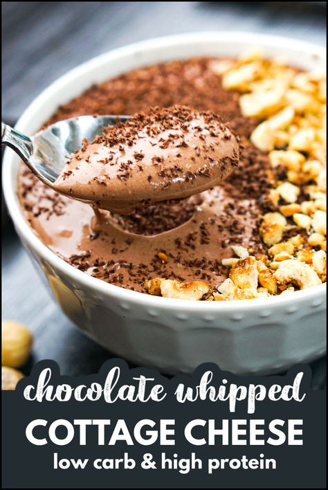 This decadent but healthy chocolate whipped cottage cheese dessert is perfect for those chocolate cravings. It's like a healthy chocolate cottage cheese pudding or mousse and it takes just a few minutes to make. It's an easy and healthy sweet treat or snack. Whipped Cottage Cheese Mouse, Protein Snacks Cottage Cheese, Sweet Cottage Cheese Bowl, Recipes Using Cottage Cheese Healthy, Cottage Cheese And Instant Pudding, Cottage Cheese Chocolate Muffins, Sweet Cottage Cheese Snack, Cottage Cheese Desserts Healthy, Cottage Cheese Banana Pudding