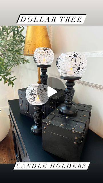 Spray Paint Candle Holders, Candle Holders Decor Ideas, Yarn Candle, Spider Candle Holder, Dollar Tree Candle Holders, I Spy Diy, Painting Candle Holders, Spooky Candles, Halloween Applique