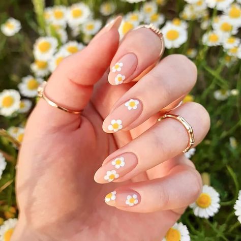 May Nails, Daisy Nails, Flower Nail Designs, Cute Summer Nails, Almond Acrylic Nails, Short Acrylic Nails Designs, Floral Nails, Short Acrylic Nails, Nail Accessories