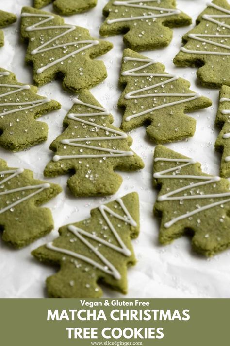 These Matcha Christmas Tree Cookies are made with almond and oat flour, sweetened with maple syrup and flavoured with deliciously earthy matcha powder. As a healthier version of conventional Christmas cookies they’re vegan and gluten free and are sure to please all matcha lovers this holiday season! #dessert #holidayrecipes Matcha Vegan Cookies, Green Christmas Tree Cookies, Winter Gluten Free Recipes, Matcha Cookies Vegan, Organic Christmas Cookies, Healthy Vegan Christmas Cookies, Oat Flour Christmas Cookies, Vegan Gluten Free Treats, Christmas Cookies Recipes Vegan