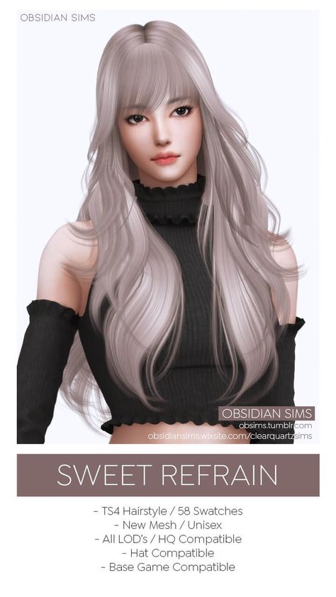 Long Hair Sims 4 Cc, Sims 4 Long Hair Cc, Obsidian Sims, Korean Long Hair, Alpha Cc, Mod Hair, Cc Hair, Long White Hair, Light Blue Hair