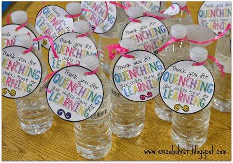 Thank you for Quenching your child's thirst for Learning Water bottle tags by Erica Bohrer Meet The Teacher Gifts, Teacher Gifts For Students, Water Bottle Tags, Curriculum Night, Meet The Teacher Night, Parent Teacher Meeting, School Open House, Parent Night, Gifts For Students