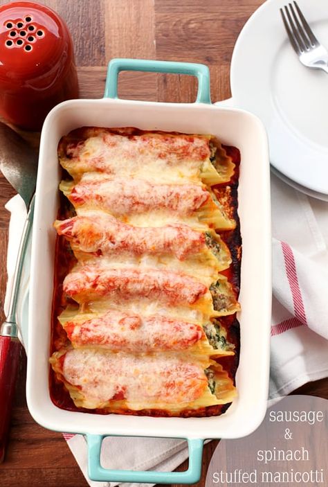 Italian Sausage Spinach, Spinach Cannelloni, Spinach Manicotti, Stuffed Manicotti, Sausage And Spinach, Cannelloni Recipes, Sausage Spinach, Manicotti Recipe, Sausage Spaghetti