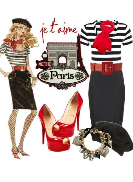 Baret Hat Outfit, Paris Party Outfit, French Costume, French Party, Red High Heel Shoes, Paris Theme Party, Parisian Chic Style, Interesting Outfits, Paris Inspired