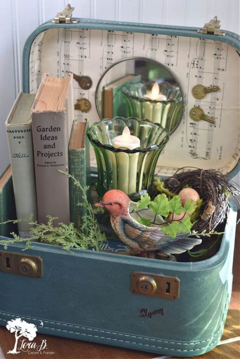 Vintage Spring Aesthetic, Vintage Spring Decor, Spring Mantle Decor, Suitcase Decor, Vintage Booth Display, Spring Mantle, Antique Booth Displays, Antique Booth Ideas, Spring Color Palette