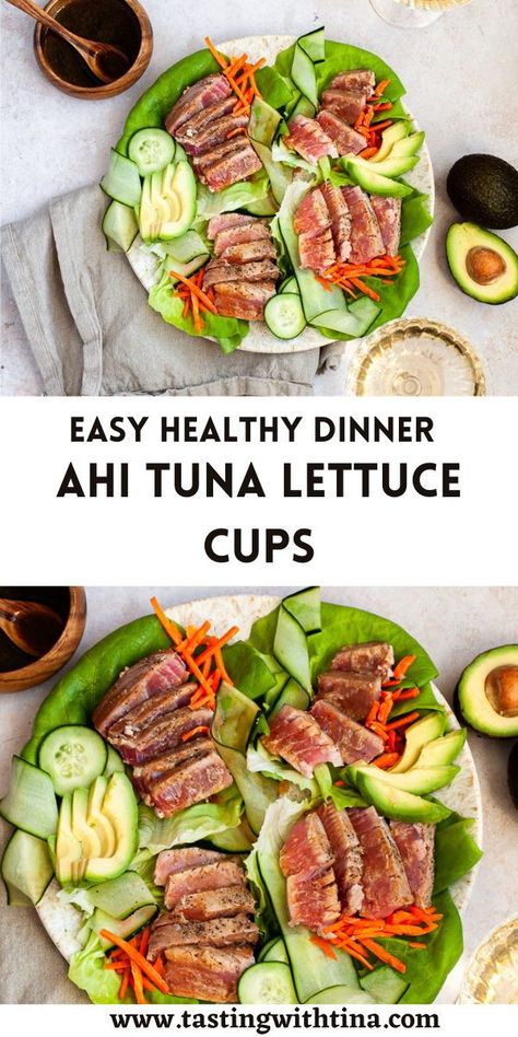 Ahi Tuna Lettuce Cups are the most delicious easy weeknight dinner! With a few simple and fresh ingredients and a homemade sesame soy sauce, this recipe is super healthy and simple to make. Tuna Lettuce Wraps, Quick Appetizer Recipes, Seared Fish, Delicious Seafood Recipes, Lettuce Wrap Recipes, Lettuce Cups, Ahi Tuna, Easy Weeknight Dinner, Dinner Inspiration