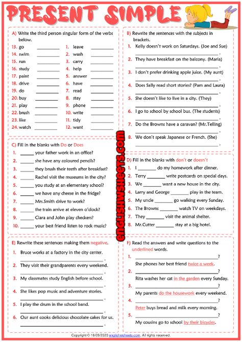 Esl Present Simple, Present Simple Tense Exercises, Third Person Singular Worksheets, Present Simple Tense Worksheet, Simple Tenses Worksheets, Present Simple Exercises, Present Tense Worksheets, Do Does, English Exercises Worksheets