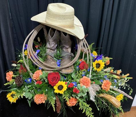 Boot Decor, Casket Flowers, Service Ideas, Casket Sprays, Western Theme Party, Fancy Flowers, Memorial Flowers, Cemetery Flowers, Western Theme