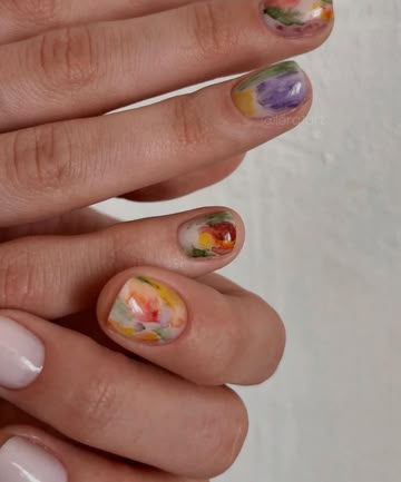 Water Paint Nail Art, Water Colour Nails Art, Watercolor Art Nails, Korean Watercolor Nails, Water Colour Nails, Svt Nails, Nail Art Watercolor, Watercolor Nail Art, Watercolor Nails