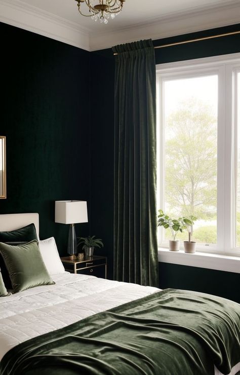 Dark Green Room Curtain Ideas, Green Velvet Curtains Bedroom Ideas, Dark Green Room Curtains, Velvet Green Curtains Bedroom, Black Walls Curtain Ideas, Curtains For Dark Green Walls, Dark Gray And Green Bedroom, Curtains For Dark Green Room, Bedroom With Dark Green Accents