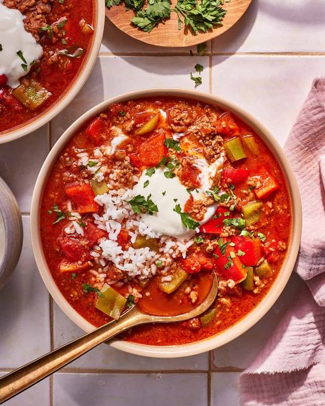 Deconstructed Stuffed Bell Pepper Soup Stuffed Bell Pepper Soup, Granola Dessert, Stuffed Bell Pepper, Breakfast Loaf, Bell Pepper Soup, Mild Italian Sausage, Pepper Soup, Sugar Free Vegan, Long Grain Rice