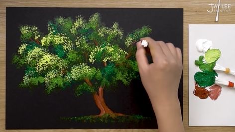 Cotton swab painted trees blossom with color | The Kid Should See This Single Tree Painting, Cotton Buds Painting, Painting With Qtips Cotton Swab, Cotton Bud Tree Painting, Cotton Bud Painting Flowers, Yellow Palette, Cherry Blossom Painting, Cotton Buds, Cotton Swab