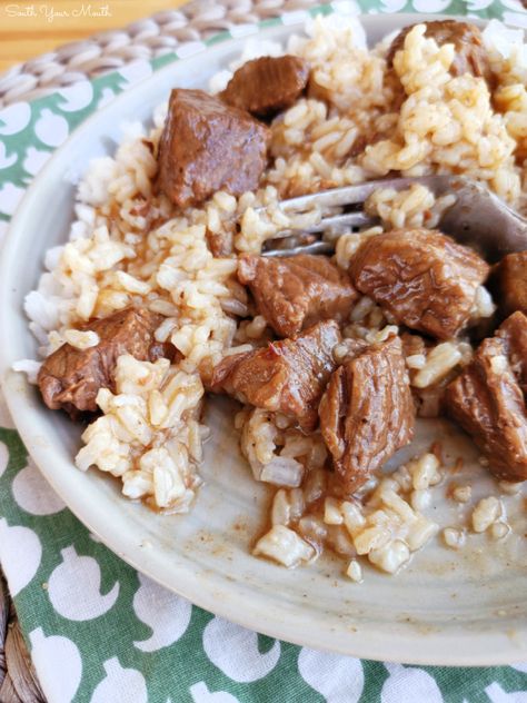 Stewed Beef (Beef Tips) with Gravy! A tried-and-true family recipe for stew beef or beef tips slow-cooked until tender with a rich gravy served over rice, mashed potatoes or noodles. Stew Meat With Brown Gravy, Stew Beef And Rice Slow Cooker, Beef Stew And Rice Recipes, Beef Tips And Gravy Stove Top Quick, Beef Tips And Gravy Stove Top, Recipes For Stew Meat Other Than Stew, Easy Beef Tips And Gravy, Recipes With Stew Meat, Recipe For Stew