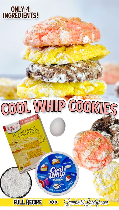 cool whip cookies, with picture of ingredients. Cool Whip Cake, Cookies With Cake Mix, Whip Cookies, Fudgy Cookies, Banana Cake Mix, Recipes With Cool Whip, Strawberry Cake Mix Cookies, Lemon Cake Mix Cookies, Xmas Goodies