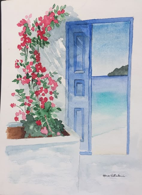 Greece Drawing Simple, Easy Architecture Sketch, Greek Watercolor, Greece Watercolor Painting, Greece Watercolor, Greek Paintings, Whimsical Art Paintings, Sketch Watercolor, Learn Watercolor Painting