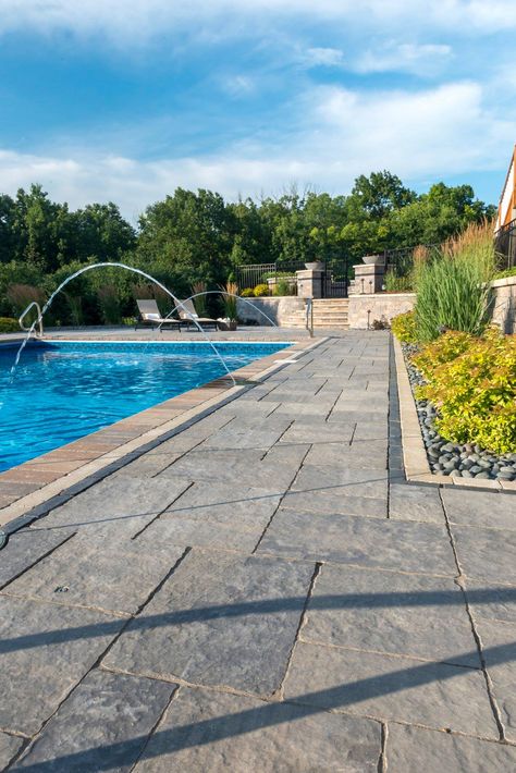 Pool Patio Pavers, Stone Pool Deck, Landscaping Around Pool, Pool Surrounds, Pool Paving, Pool Pavers, Inground Pool Landscaping, Pool Images, Outdoor Fireplace Designs