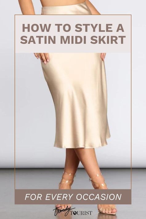 Satin midi skirts can be dressed up or down for any occasion. Here are three easy ways to style yours for work, play, and everything in between. Need some outfit inspiration? Check out these looks that will have you looking your best no matter what the day throws your way at www.trendytourist.co.uk Midi Skirt Outfit Work, Dressy Skirt Outfits, Satin Slip Skirt Outfit, Midi Satin Skirt Outfit, Pink Satin Skirt Outfit, Gold Skirt Outfit, Satin Midi Skirt Outfits, Satin Midi Skirt Outfit, Winter Maxi Skirt Outfit