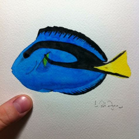 Paracanthurus hepatus, the famous blue Tang. Watercolor on paper, 2016. #watercolor Blue Tang Tattoo, Blue Tang Fish Drawing, Animal Pfp Aesthetic, Animal Pfp Funny, Animal Wallpaper Aesthetic, Bujo 2025, Animal Character Design, Animal Journal, Character Pfp