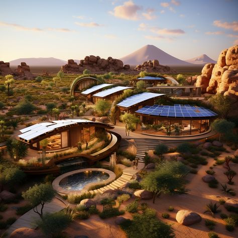 Solarpunk Desert, Desert Solarpunk, Bio Futurism, Desert Building, Desert Punk, Solar Punk, Arch Building, Passive Solar Homes, Desert Resort