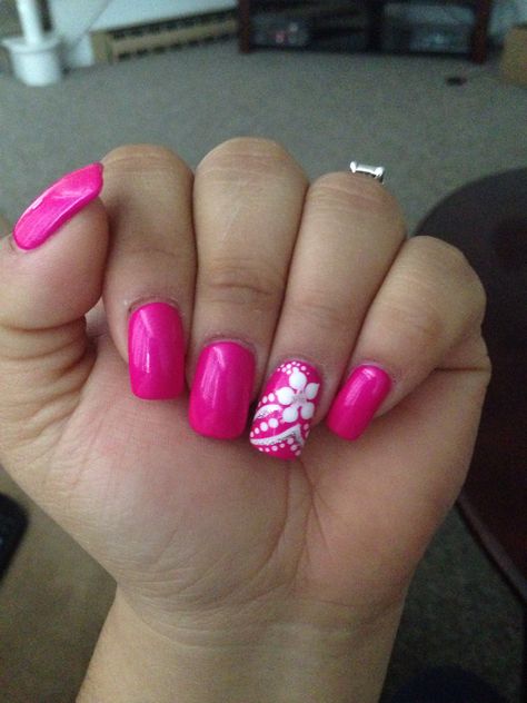 Summer Gel Nails Ideas Pink, Bright Hot Pink Nails, Bright Pink Nails With Design Summer, Hot Pink Nails For Summer, Hot Pink Manicure Ideas, Bright Pink Nail Art, Bright Pink Acrylic Nails Designs, Bright Pink And White Nails, Hot Pink Vacation Nails