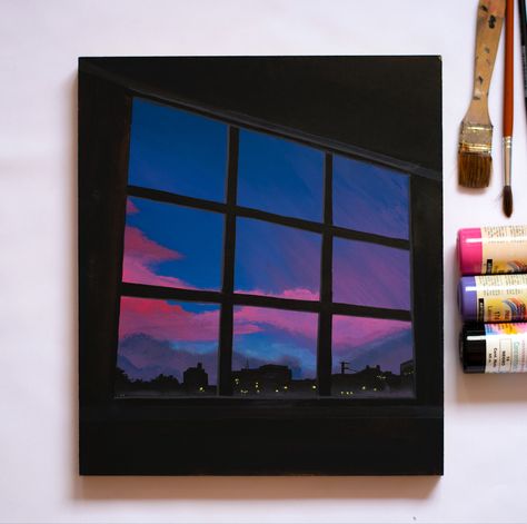 Sunset Window Painting, Sunset Through Window Painting, Window Sunset Painting, Window Painting Ideas Canvas, Canvas Art Painting Acrylic, Poster Color Painting, Diy Magnets, Black Canvas Paintings, Scenery Paintings