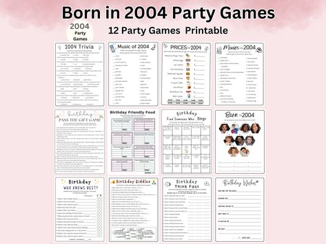 Looking for the perfect way to celebrate a 20th birthday? Our printable 20th birthday games are just what you need!  These party activities will add a fun and memorable twist to your milestone celebration. Easy to print at home and fun to play! ★WHAT YOU'LL RECEIVE★ 10 Games Included: 1. Prices in 2004 with an answer key 2. 2004 Trivia with an answer key 3. Hit Songs in 2004 with an answer key 4. Movies in 2004 with an answer key 5. Borin in 2004 with an answer key 6. Birthday Feud with an answe Birthday Bingo, 19th Birthday Gifts, Games For Men, 20th Birthday Gift, 20th Birthday Party, 6 Birthday, Music Trivia, Games Printable, 19th Birthday