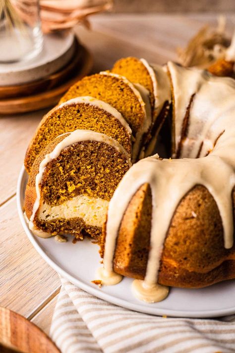 Pumpkin Cream Cheese Bundt Cake | So Much Food Pumpkin Cream Cheese Bundt Cake Recipes, Pumpkin Cheesecake Bundt Cake, Birthday Cake Bundt Cake, Pumpkin Cream Cheese Bundt Cake, Pumpkin Bundt Cake With Cream Cheese, Pumpkin Cream Cheese Bundt, Pumpkin Cake With Cream Cheese, Pumpkin Bundt Cake Recipes, Cake With Cream Cheese Filling