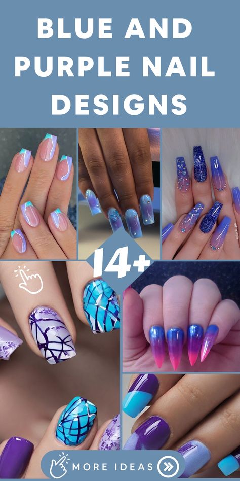 Discover a mesmerizing realm of beauty with our enchanting blue and purple nail designs. Dive into a captivating selection featuring elegant ombrés and ethereal galaxy-inspired patterns. Elevate your manicure game with these captivating shades that fuse the magic of blue and purple. Make a bold statement with your nails while embracing the allure of this stunning color combination. Purple And Teal Nails Designs, Purple Pedicure Ideas, Purple And Blue Nails Designs, Purple Abstract Nails, Purple And Turquoise Nails, Deep Teal Nails, Pink And Teal Nails, Ethereal Galaxy, Blue And Purple Nails