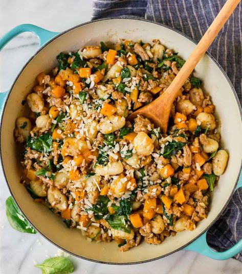 One Skillet Butternut Squash Gnocchi with Italian Sausage Sausage Butternut Squash, Butternut Squash Gnocchi, Squash Gnocchi, Sausage Crockpot, Healthy Butternut Squash, Cauliflower Gnocchi, Potato Pasta, Recipe Pasta, Shopping Food