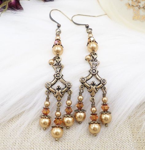 Victorian Style Chandelier Earrings, Gold Pearl Copper Crystal Ornate Jewelry Chandelier Earrings Gold, Victorian Style Earrings, Earrings Gold Pearl, Victorian Style Jewelry, Stunning Chandelier, Ornate Jewelry, Copper Crystal, Victorian Earrings, Jewelry Design Inspiration