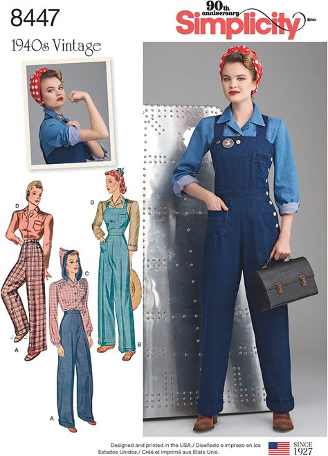 Vintage Dress Sewing Patterns, Simplicity Patterns Vintage, Pants Overalls, Vintage Overalls, Costume Sewing Patterns, Rosie The Riveter, Sportswear Fashion, Overalls Pants, Blouse Pattern Sewing