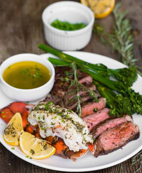 The secret to cooking a perfect Surf and Turf dinner at home is in the timing. Instead of ordering this at a restaurant, find out out to make the absolute best version at home with the most flavorful steak and broiled lobster tail. Perfect for Valentine's Day, birthday dinners, or a New Year's Eve celebration! Surf And Turf Dinner, Oven Cooked Steak, Steak And Lobster Dinner, Sirloin Recipes, Steak And Lobster, Lobster Dinner, Salmon Patties Recipe, Lobster Tail, Homemade Dinner Rolls