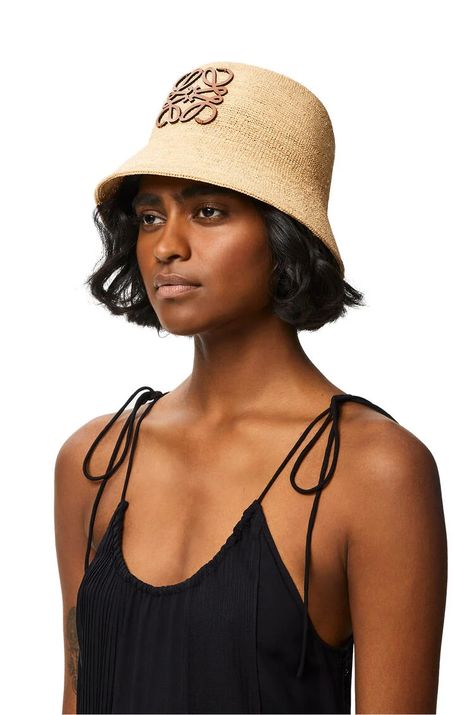 Bucket hat in raffia and calfskin Natural - LOEWE Cabo Outfits, Natural Tan, Beach Style, Hat Crafts, Natural Fibers, Hat Fashion, Calf Skin, Bucket Hat, Caps Hats