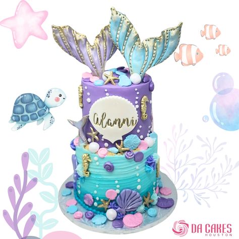 Top tier covered with lavender fondant, bottom tier frosted with light turquoise to turquoise buttercream with texture, sea accents hand modeled, buttercream decoration, hand modeled mermaid tales on top, gold details, gold name in a shell made with fondant. Mermaid Cake Designs Birthday Parties, Under The Sea Fondant Cake, Mermaid Cake Two Tier, Mermaid Birthday Cake, Mermaid Party Invitations, Mermaid Tales, Mermaid Birthday Cakes, 36th Birthday, Sea Baby Shower