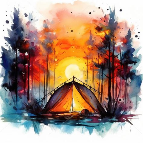 Tent Watercolor, Tent Painting, Camping Illustration Art, Camping Watercolor, Camping Painting, Tent Drawing, Kayak Art, Forest Sketch, Camping Drawing