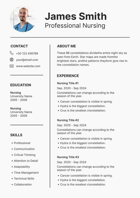 Simple Monocolor James Smith Nursing Resume Nursing Resume Template, Presentation Maker, James Smith, Nursing Resume, Invitation Maker, Student Resume, Photo Collage Maker, Social Media Schedule, Sticker Maker