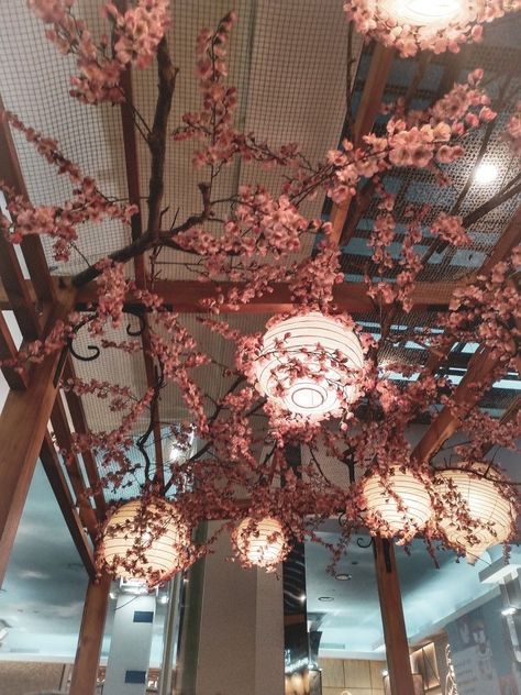 Ramen House Aesthetic, Cherry Blossom Office, Hanging Cherry Blossom Decor, Japanese Cherry Blossom Room Decor, Sakura Room Aesthetic, Cherry Blossom Themed Room, Sakura Home Decor, Cherry Blossom Room Aesthetic, Cherry Blossom Bedroom Aesthetic