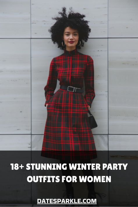 Woman wearing a stylish red and black plaid winter dress against a tiled wall. Winter Tea Party Outfit, Winter Party Outfits, Winter Tea Party, Tea Party Outfit, Winter Party Outfit, Winter Tea, Party Outfits For Women, Winter Parties, Velvet Wrap Dress