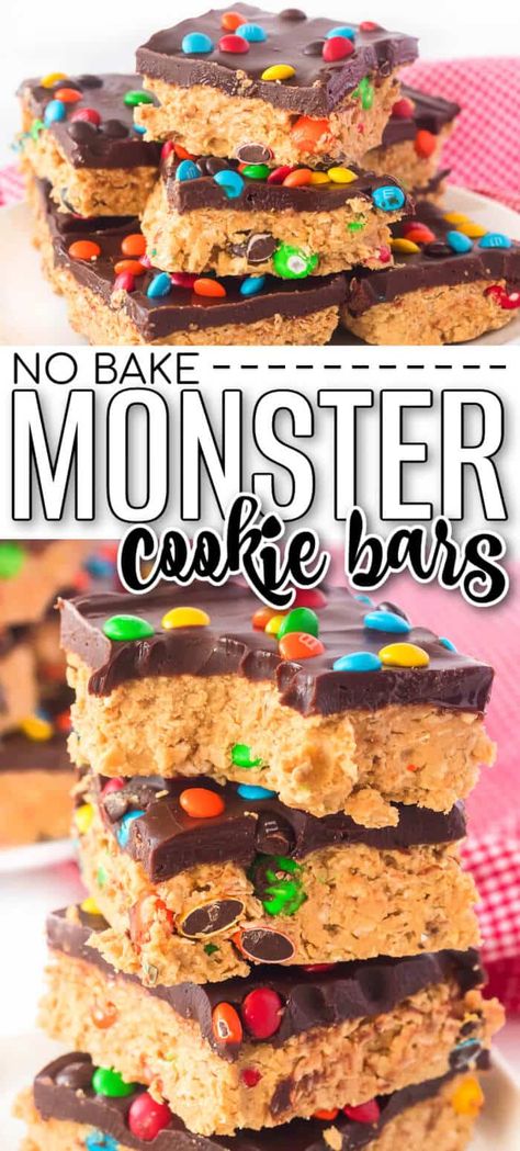 EASY NO BAKE MONSTER COOKIE BARS RECIPE No Bake Monster Cookies Recipe, Monster Cookie No Bake, Monster Cookies No Bake, M&m Dream Bars, Super Simple Baking Recipes, Monster Cookie No Bake Bars, Easy Kid Desserts Fun, Cookie Monster Bars, Easy Weeknight Dessert